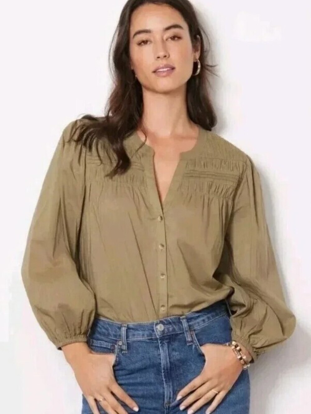 Cleobella Olive Green River Cotton Pintuck Puff Sleeve Blouse - Size - Small